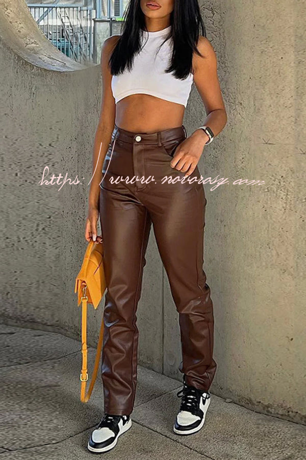 Solid Color Faux Leather Pocket High Waist Pants