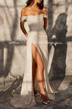 Silver Sequin Slit Off Shoulder Maxi Dress with Long Train