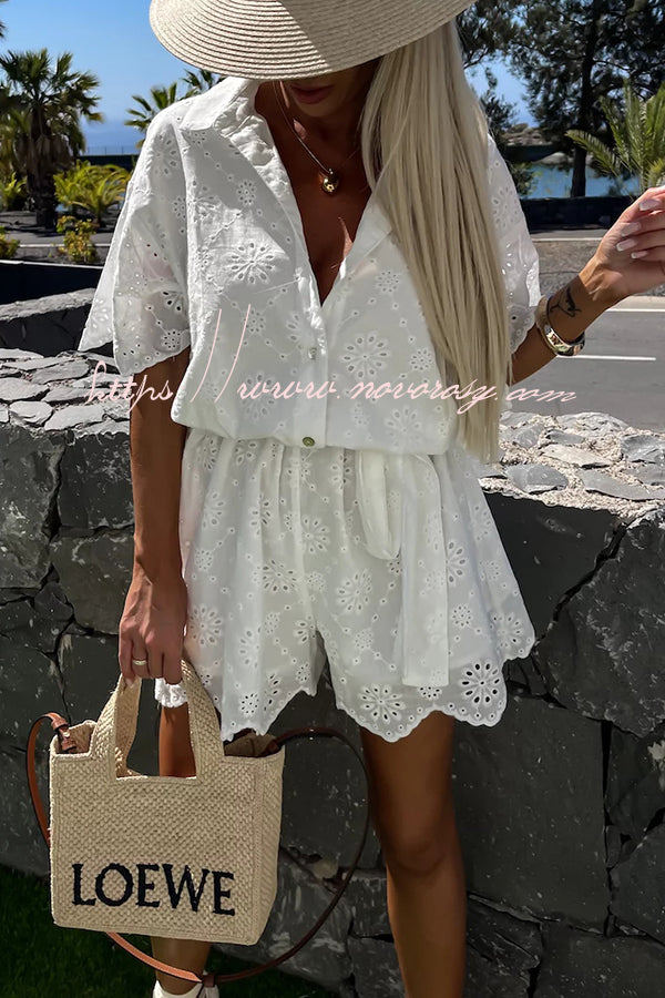Elegant and Chic Embroidered Lace Flowers Button Up Belted Loose Shirt Romper