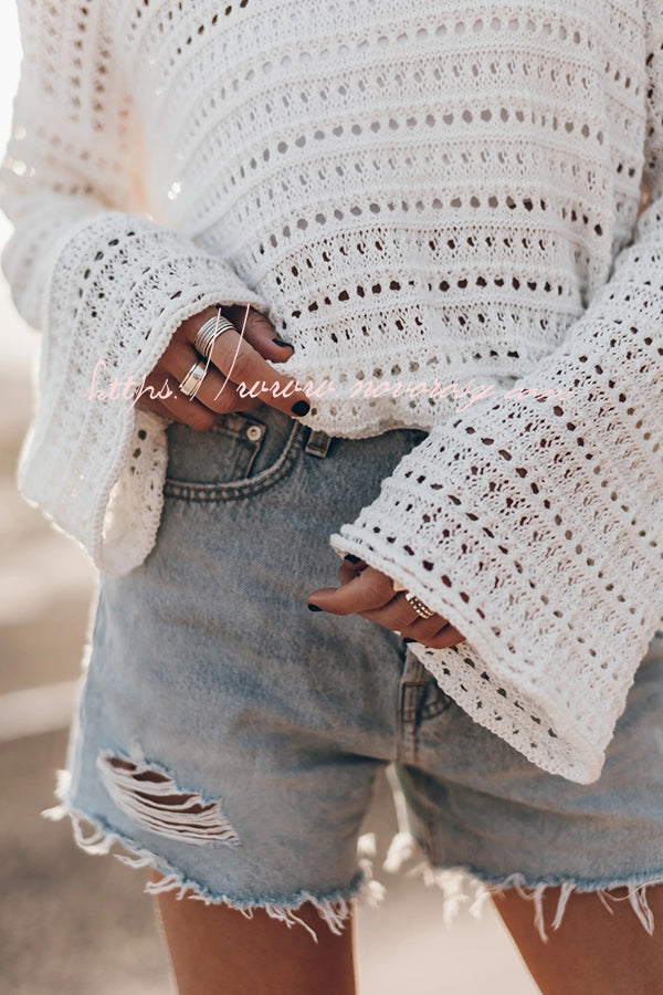 Living Easy Knit Bell Sleeve Hollow Out Relaxed Top