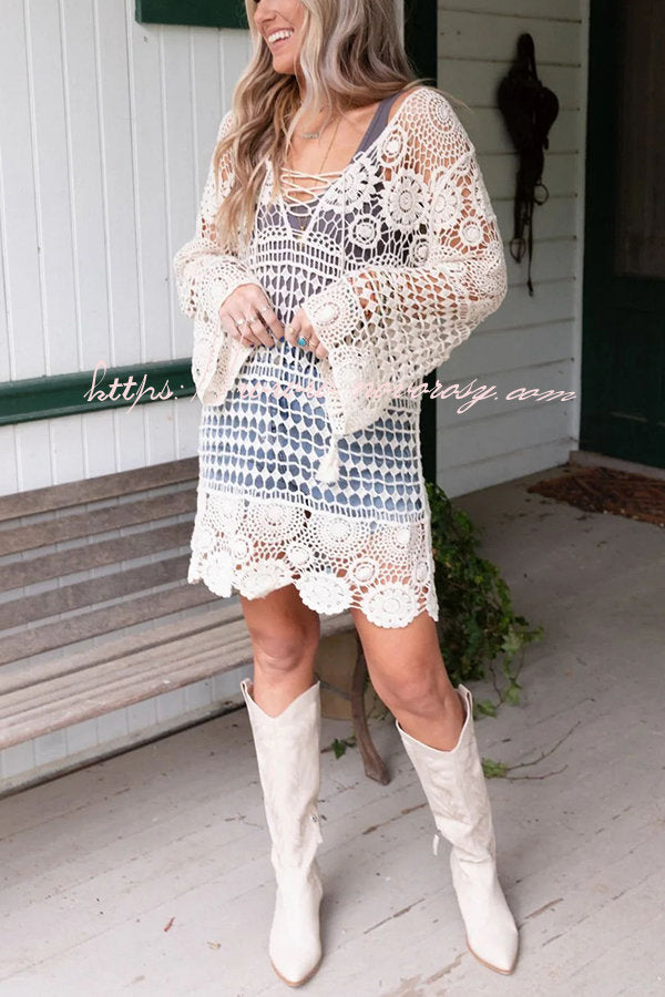 Embrace Your Boho Style Lace-up Neck Crochet Tunic Top