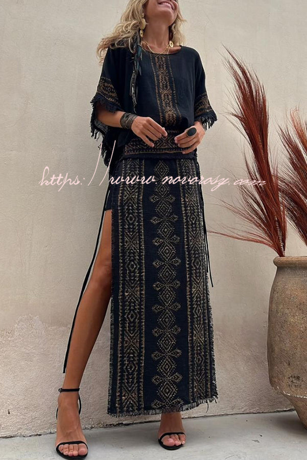 Alana Linen Blend Ethnic Print Patchwork Side Lace-up Maxi Skirt