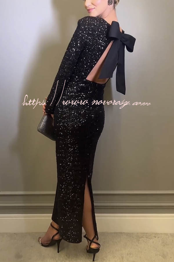 Looking To Party Sequin Padded Shoulder Backless Bow Design Maxi Dress
