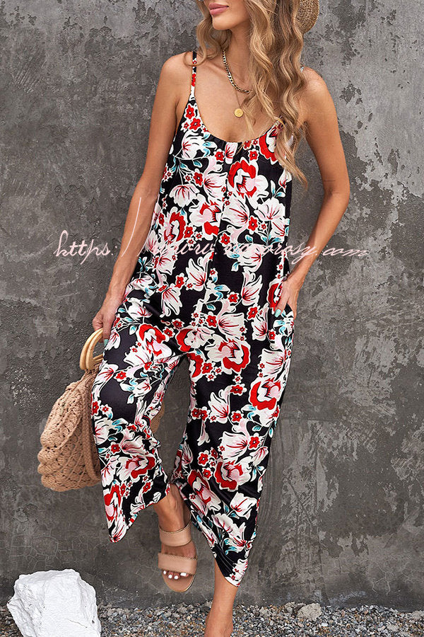 Debby Floral Print Pocketed Strap Relaxed Jumpsuit