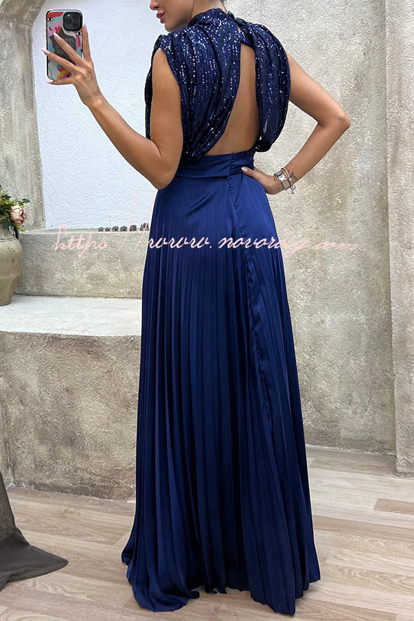 See You At The Party Sequin Patchwork Belt Pleated Maxi Dress