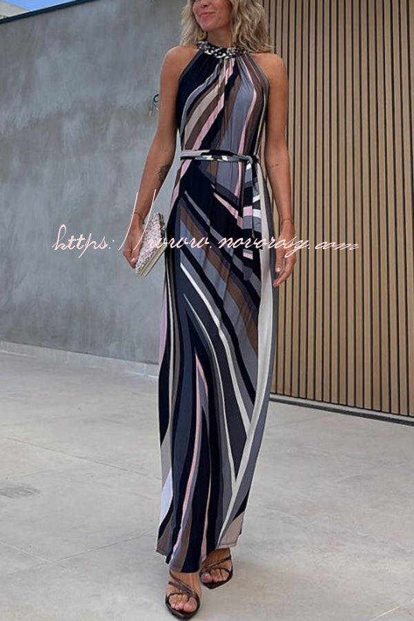Flowing Elegance Colored Lines Printed Belt Halter Maxi Dress