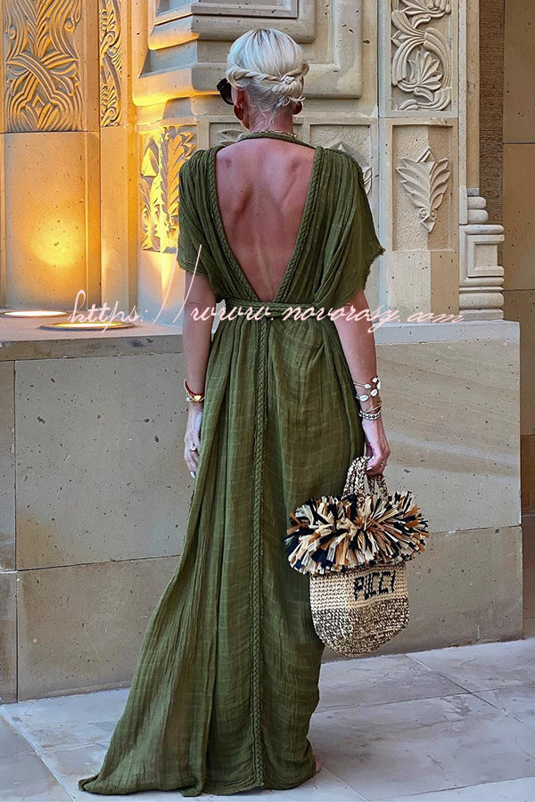 Greek Style Linen Blend Draped Braids Kimono Cover Up Slit Maxi Dress