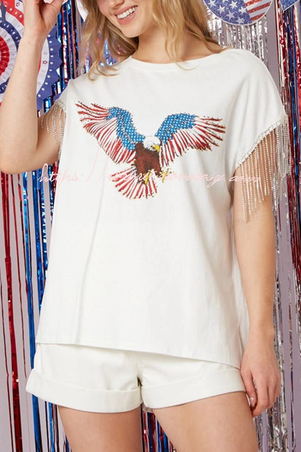 Extraordinary American Eagle Print Rhinestone Tassel Short Sleeve T-Shirt
