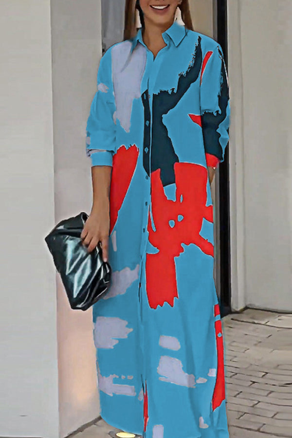 Abstract Art Print Pocket Button Long Sleeve Maxi Dress
