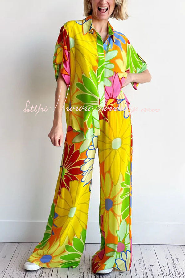 Trayce Colorful Floral Print Elastic Waist Pocketed Wide Leg Pants