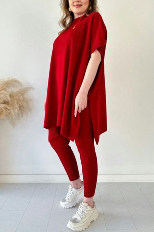 Casual Pleated Patchwork Slit Knitted Pants Suit