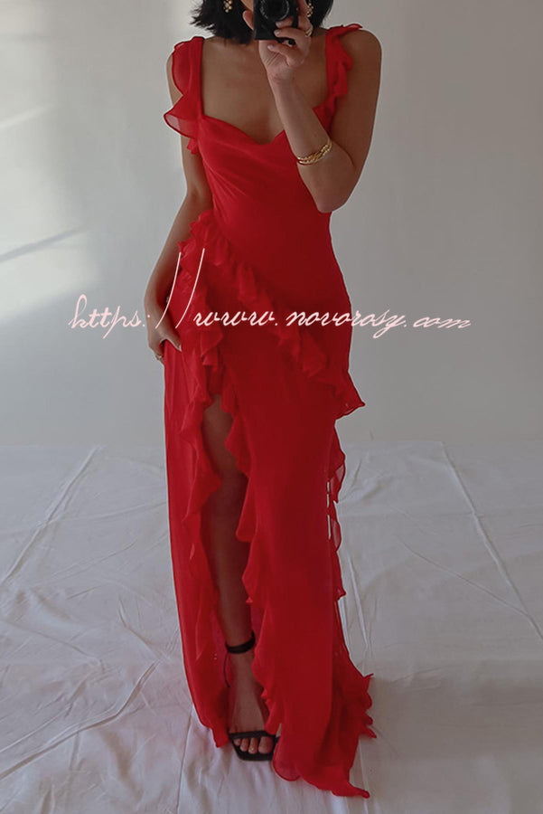 Ultra-sexy Silhouette Ruffle High Slit Lightweight Maxi Dress