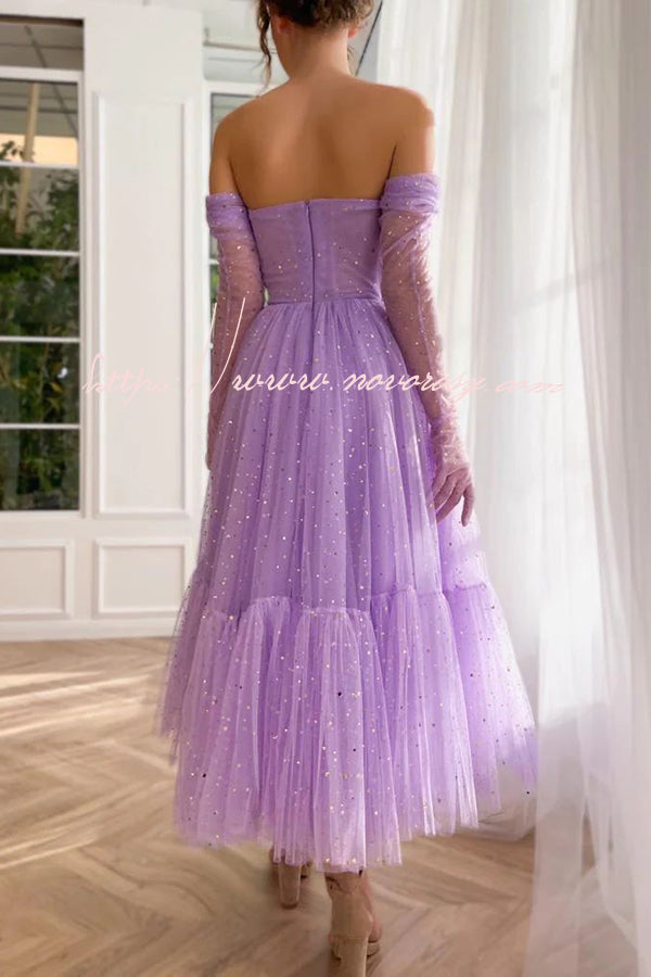 Romantic and Sweet Sequined Tulle Ruched Off Shoulder Layered Midi Dress