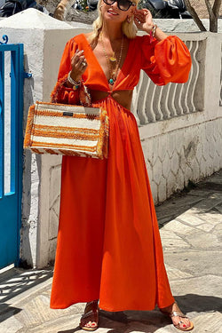 Orange Summer Cut Out Waist Balloon Sleeve Maxi Dress