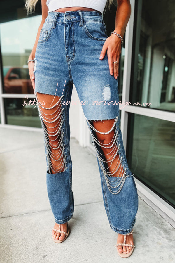 Dripping Diamonds Chain Cut Out Side Pocket Straight Leg Jeans
