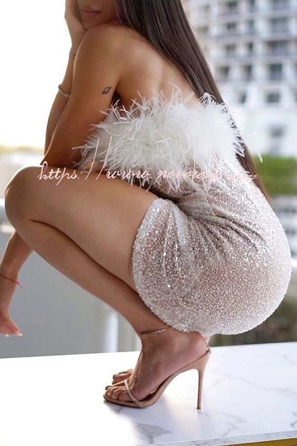 High Waisted Sequined Feather Off Shoulder Mini Dress