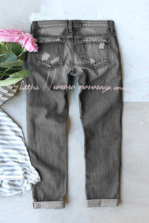 Black Girly Print Zip Button Washed Jeans