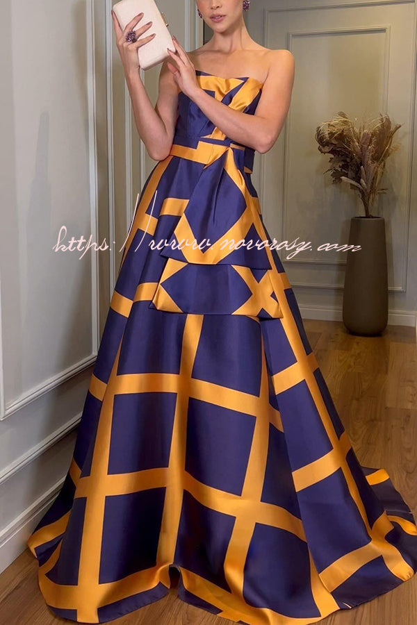 Royal Wedding Style Grid Print Off Shoulder Formal Maxi Dress