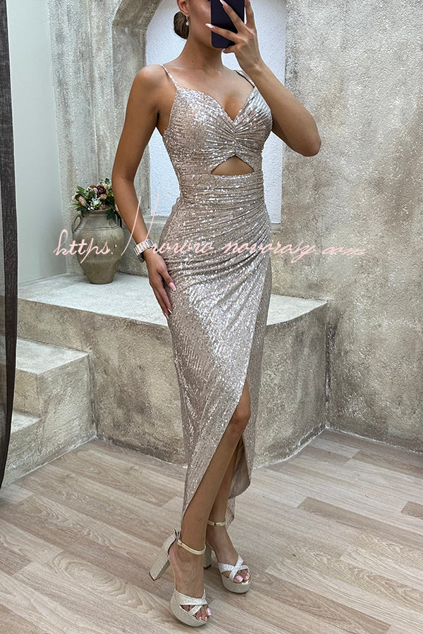 Night of Luxury Sequin Cutout Ruched Slit Evening Maxi Dress