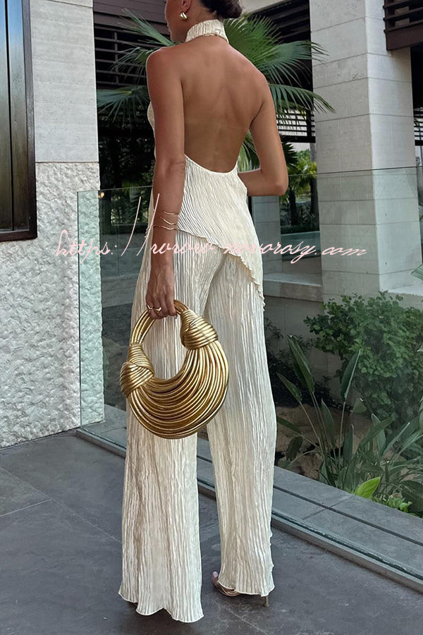 Charm and Charisma Texture Fabric Halter Neck Backless Tank and Elastic Waist Wide Leg Pants Suit