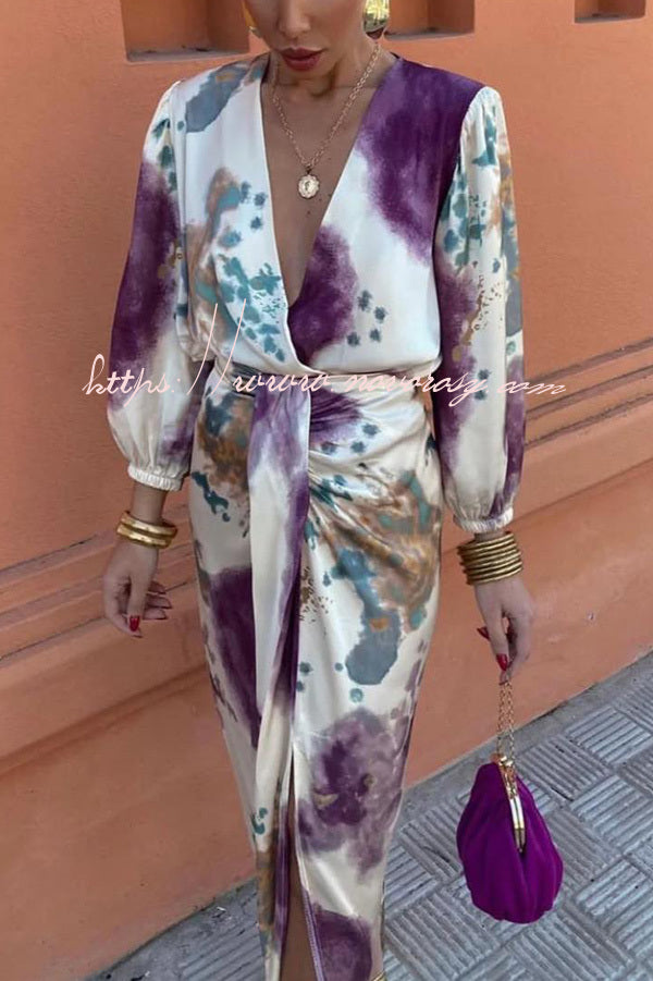 Luxury Party Satin Tie-dye Print Draped Slit Midi Skirt