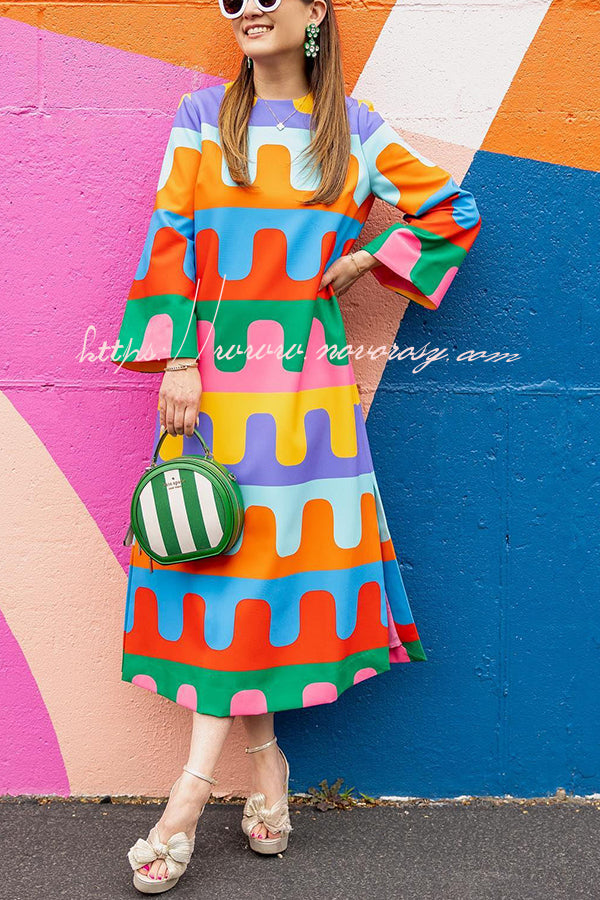 Bright Day Colorful Ripple Print Side Slit Midi Dress