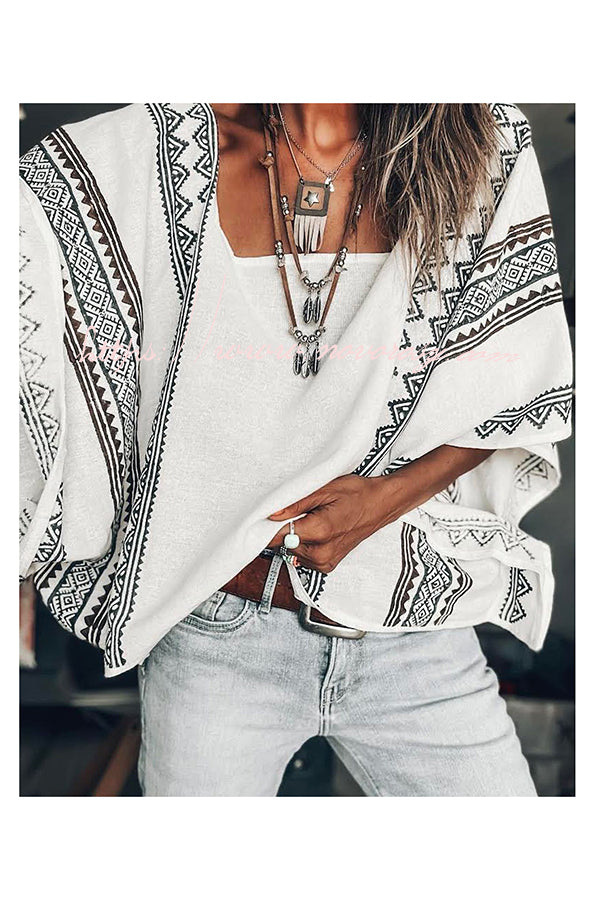 Stay and Chat Linen Blend Ethnic Print Dolman Sleeve Loose Top