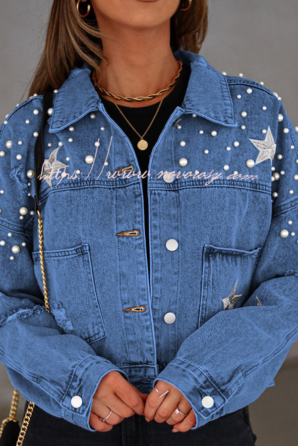 North Star Embellished Beaded Pocketed  Denim Jacket