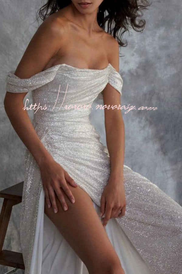Silver Sequin Slit Off Shoulder Maxi Dress with Long Train