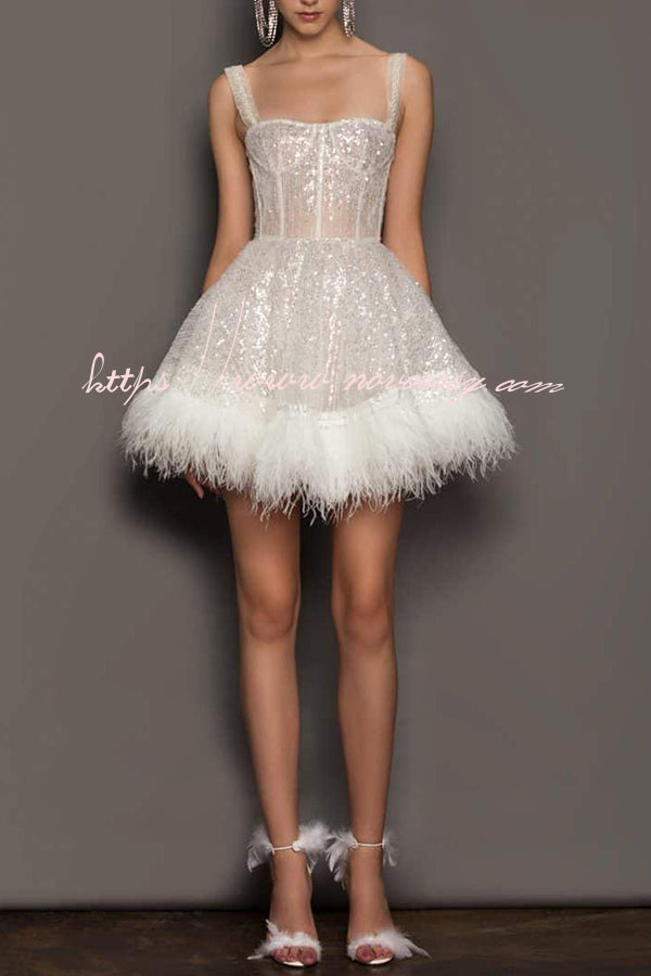 Strap Feather Sequin High Waist Zip Mini Dress