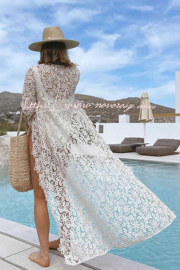 Summer Vibe Ready Floral Crochet Lace Drawstring Waist Maxi Cover-up