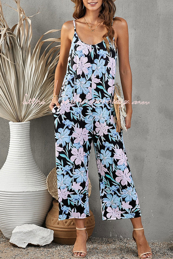 Debby Floral Print Pocketed Strap Relaxed Jumpsuit