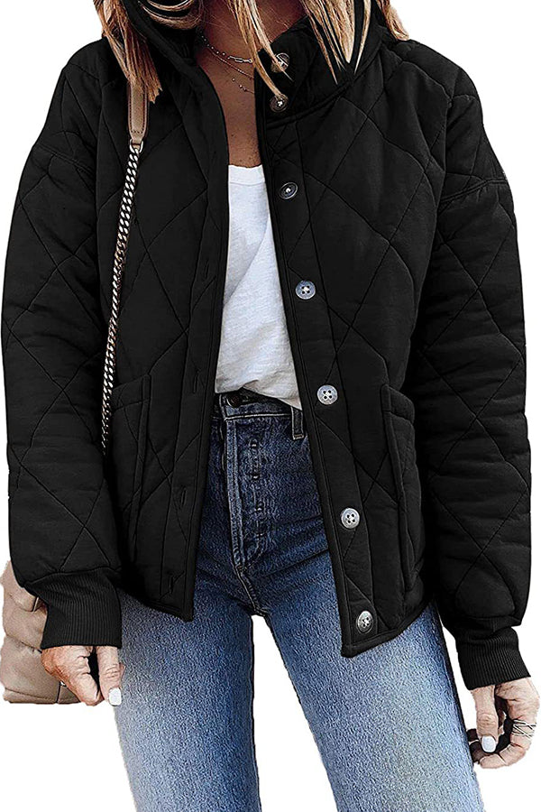 Solid Diamond Quilted Pocket Button Long Sleeve Coat