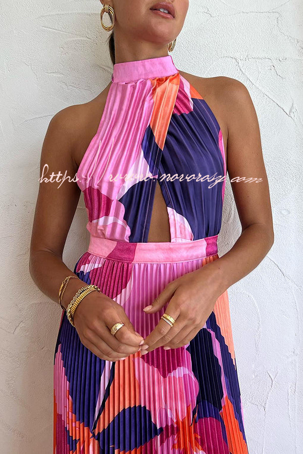 Romantic One Capri Print Halter Neck Pleated Maxi Dress