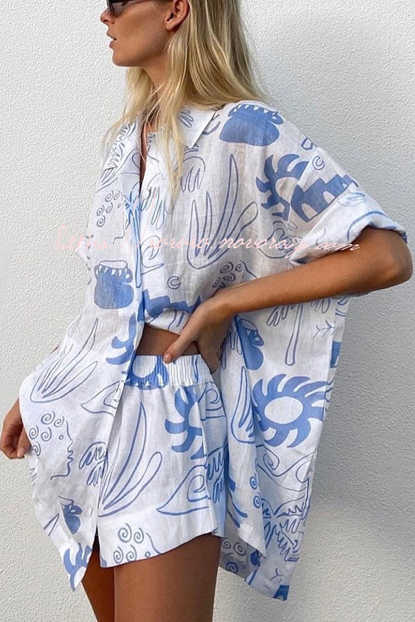 Quiet Beach Linen Blend Printed Oversized Blouse and Elastic Waist Shorts Set