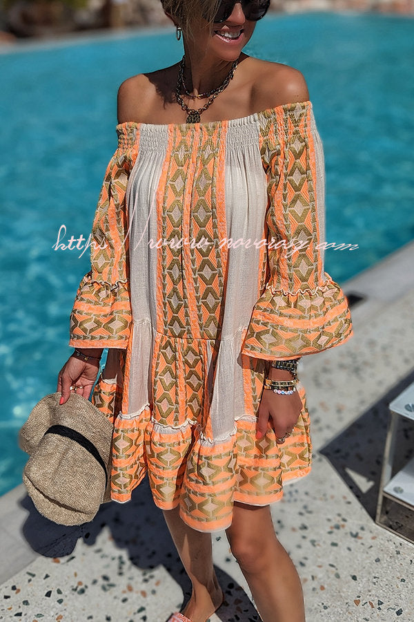 Friendly Shores Linen Blend Ethnic Print Off Shoulder Loose Mini Dress