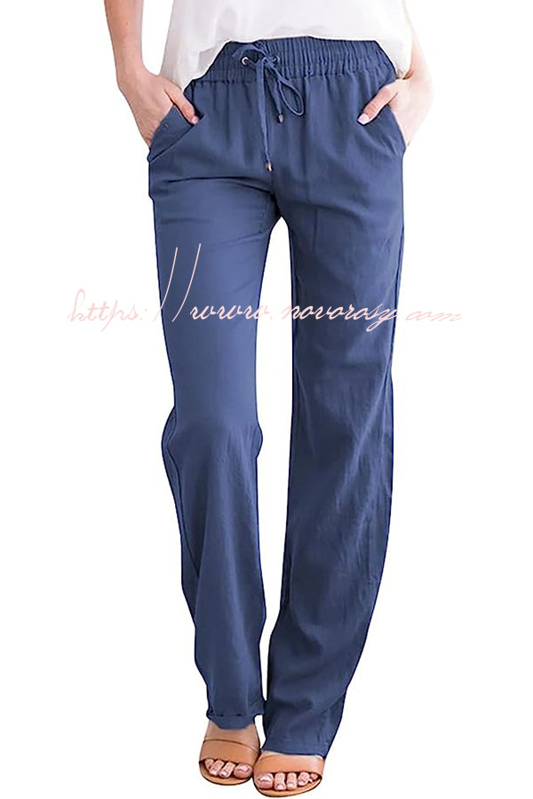 Soft Breathable Solid Color Drawstring Elastic Waist Long Straight Pants