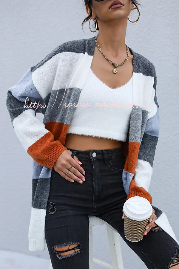 Casual Knitted Color Blocked Long Sleeved Cardigan