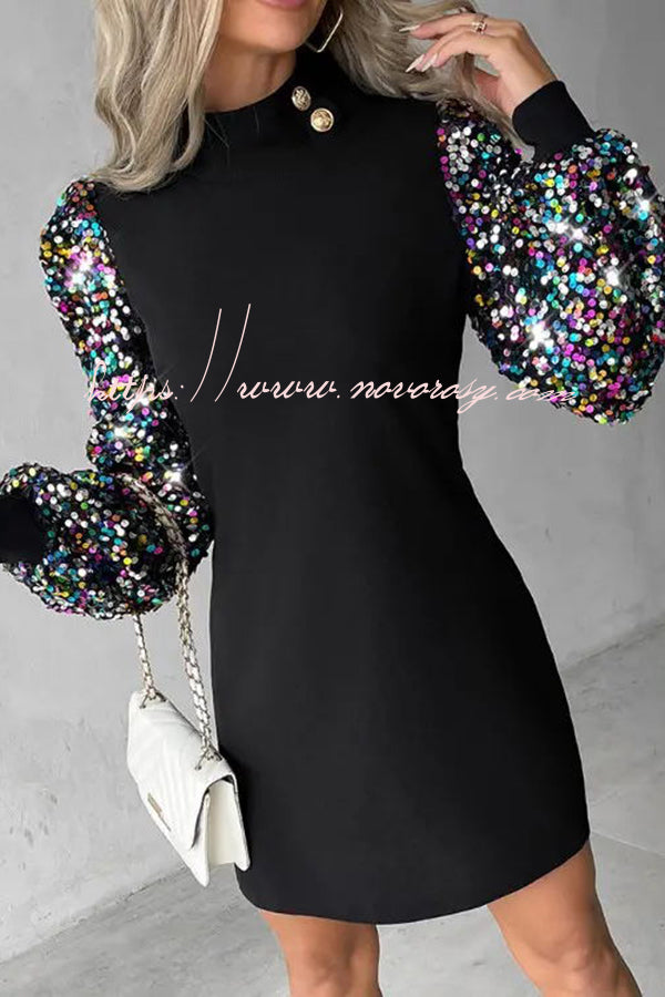 Color Block Turtleneck Balloon Sleeves Sequined Button Mini Dress