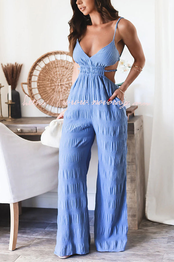 Summer Vacay Style Crinkle Fabric Cut Out Elastic Waist Pocket Backless Jumpsuit