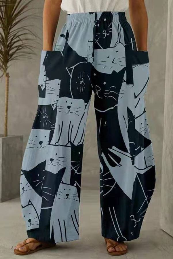 Alley Linen Blend Abstract Printed Pocketed Elastic Waist Pants