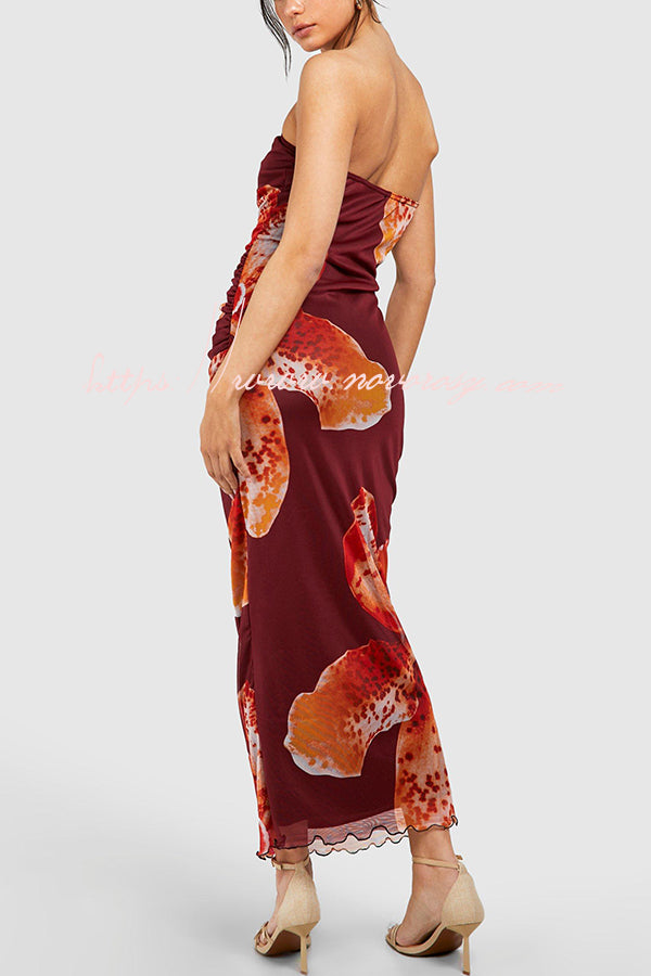 Oh So Sunny Mesh Floral Print Bandeau Stretch Maxi Dress