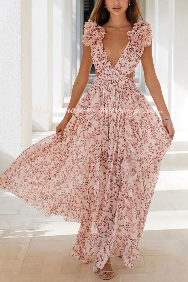 Lost in The Melody Chiffon Printed Flutter Sleeve Cutout Back Lace-up Maxi Dress