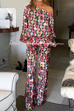 Hailey Colorful Polka Dots One Shoulder Top and Elastic Waist Pocketed Flare Pants Set