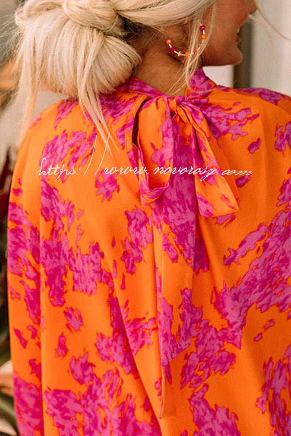 Vibrant Vibes Printed High Neck Loose Short Sleeves Blouse
