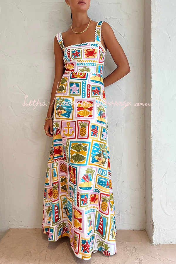 Salty Summer Days Funny Printed Wave Trim Square Collar Maxi Dress