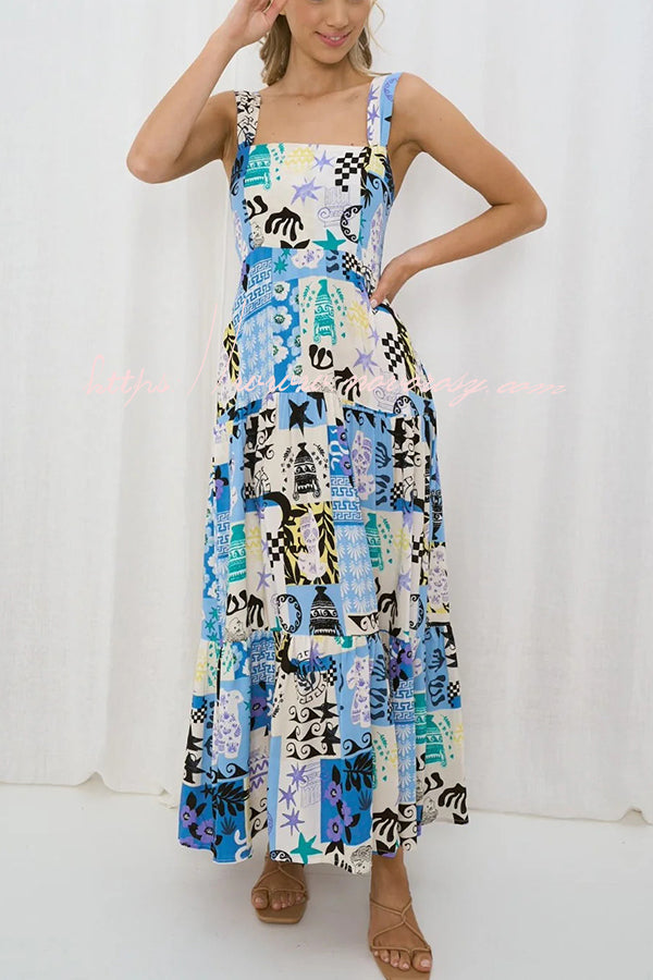 Unique Printed Sleeveless Lace Up Backless Maxi Dress