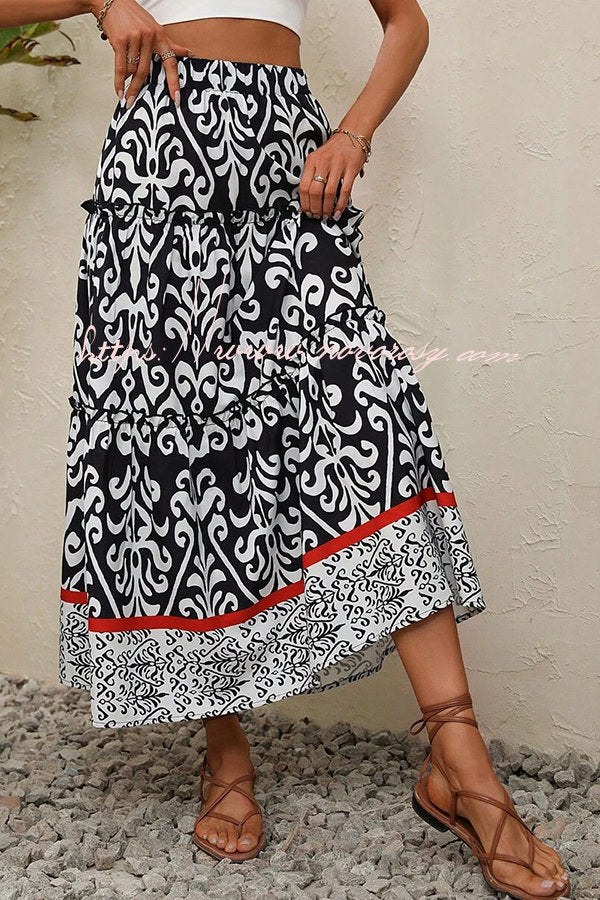 Rosine Ethnic Print Elastic Waist Tiered Midi Skirt