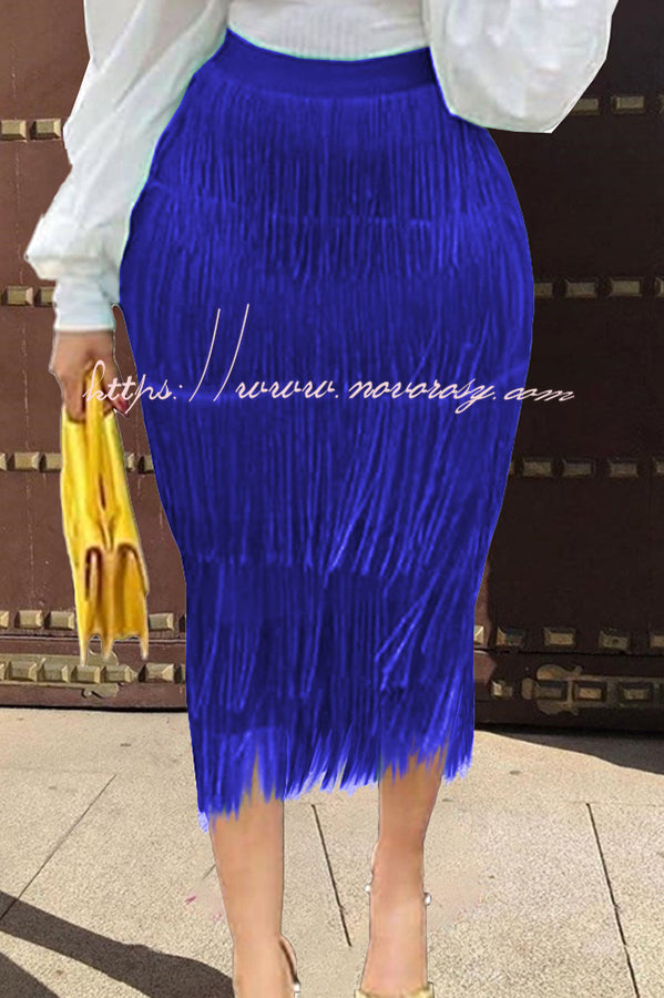 Solid Color High Waist Elastic Waist Pleat Fringed Skirt