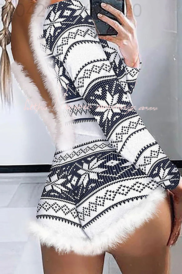 Feather Christmas Print Long Sleeve Backless Rompers